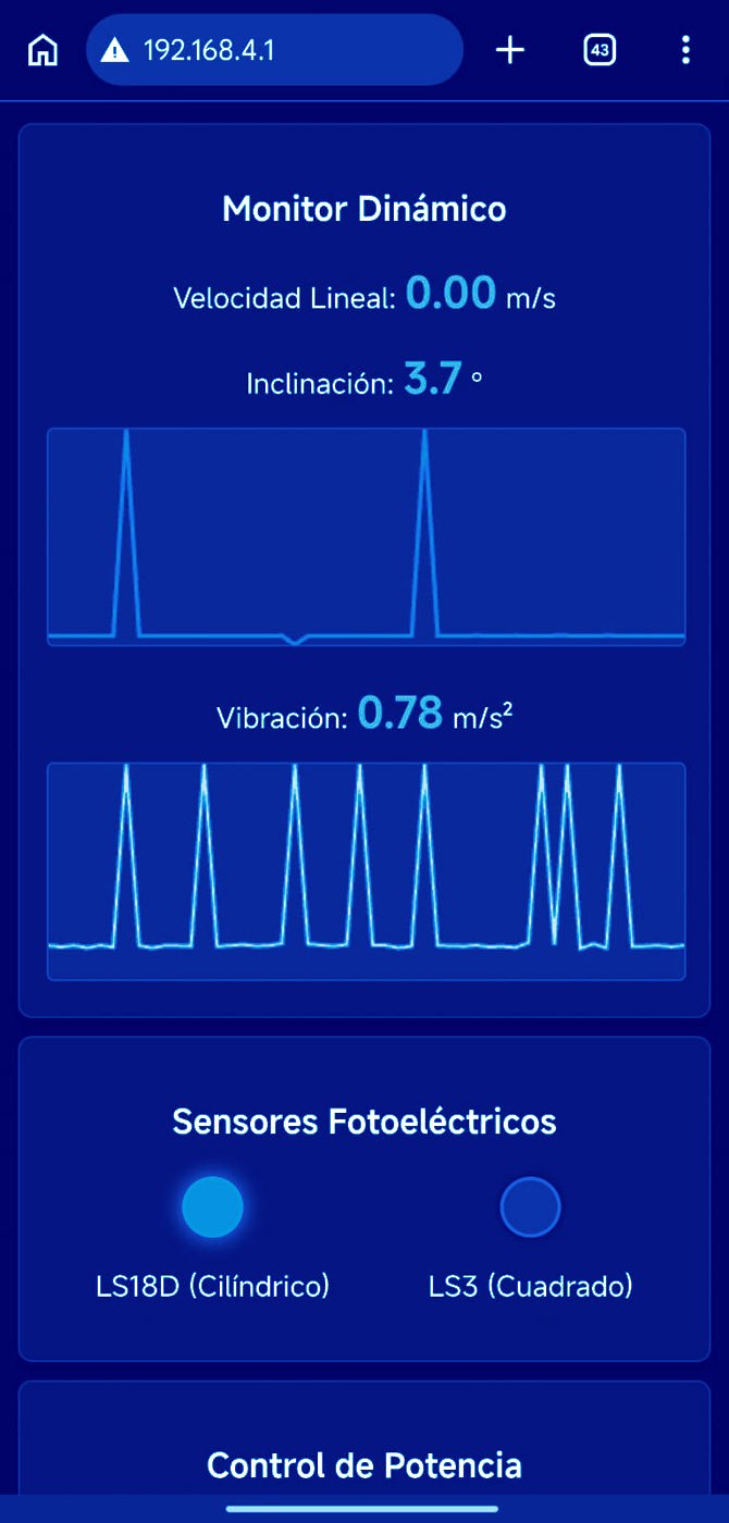 Interfaz web de monitoreo con velocidad, inclinación y vibración
