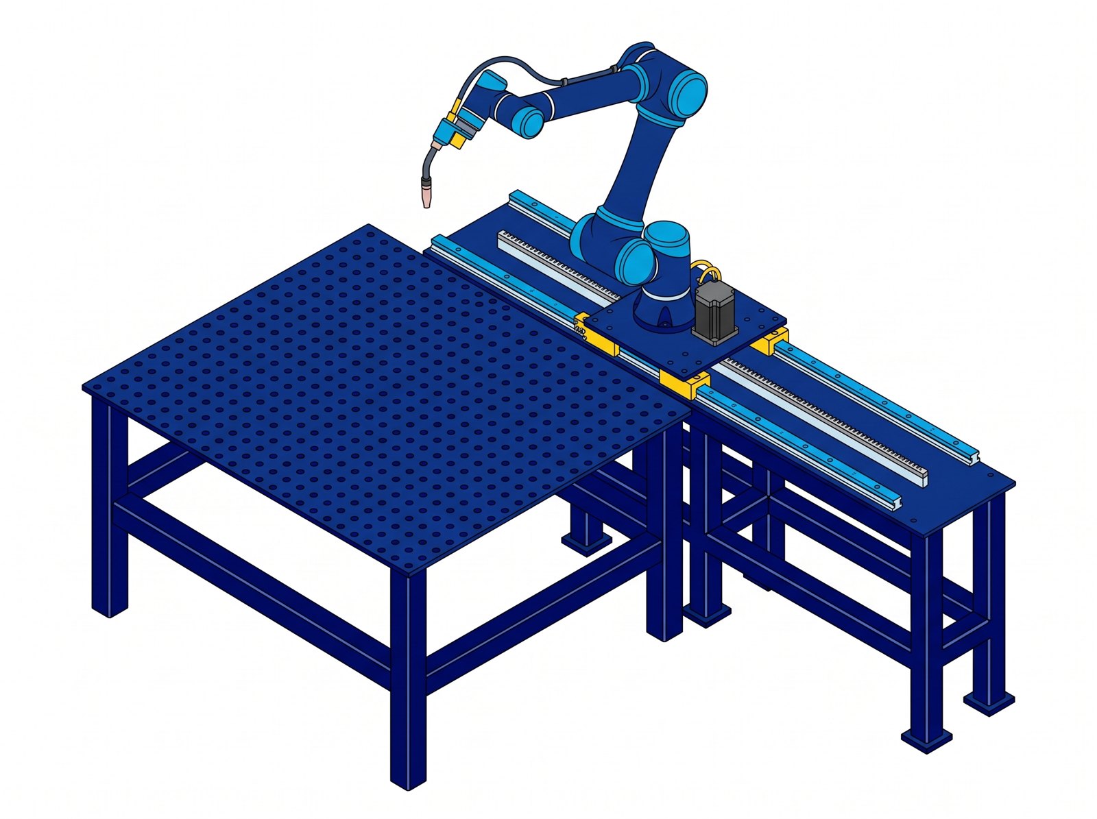 Ilustración de un robot colaborativo sobre un riel lineal en una mesa de soldadura