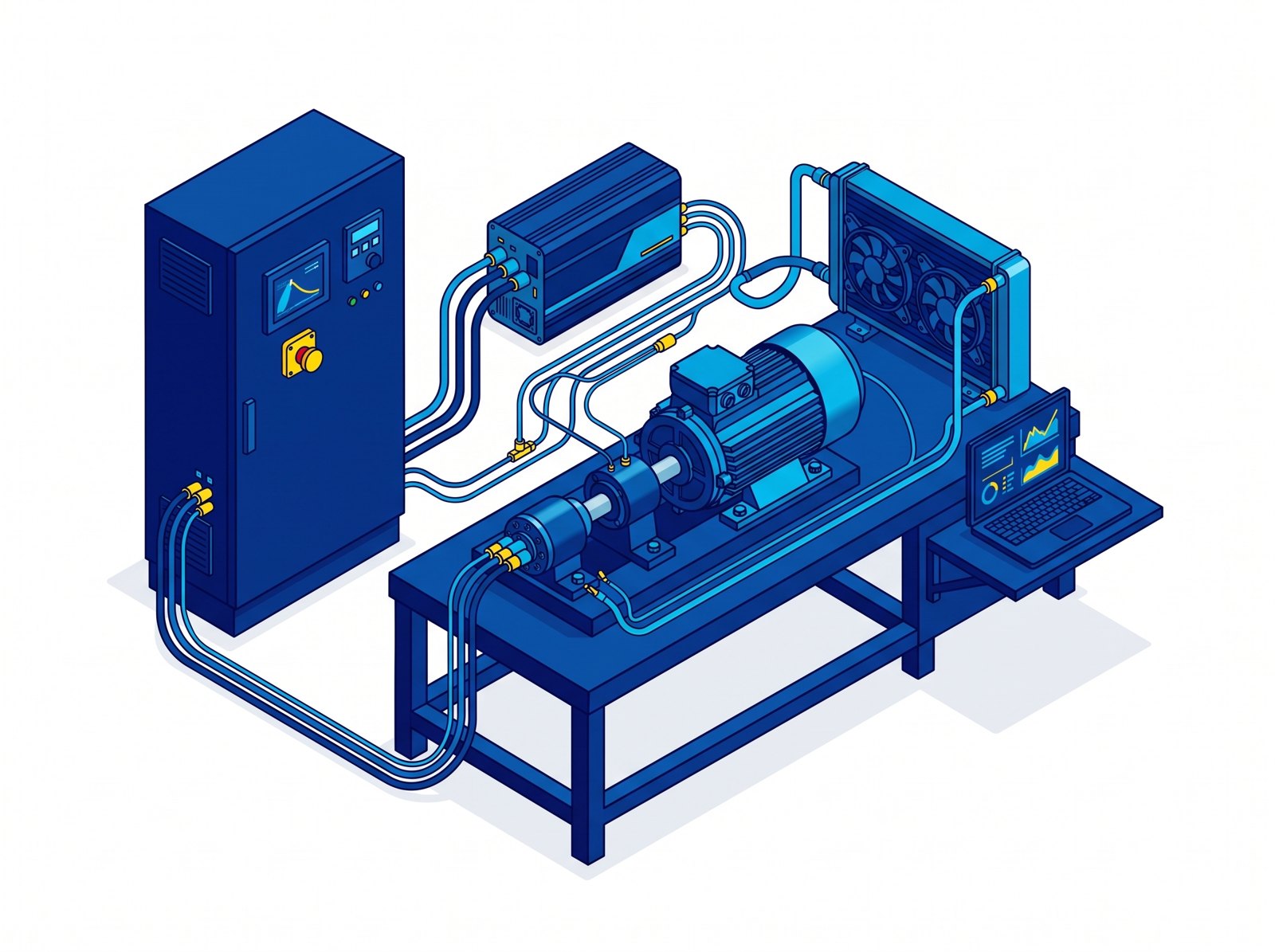 Ilustración del banco de motor de alto torque con radiador de refrigeración, inversor, gabinete con parada de emergencia y telemetría en un portátil
